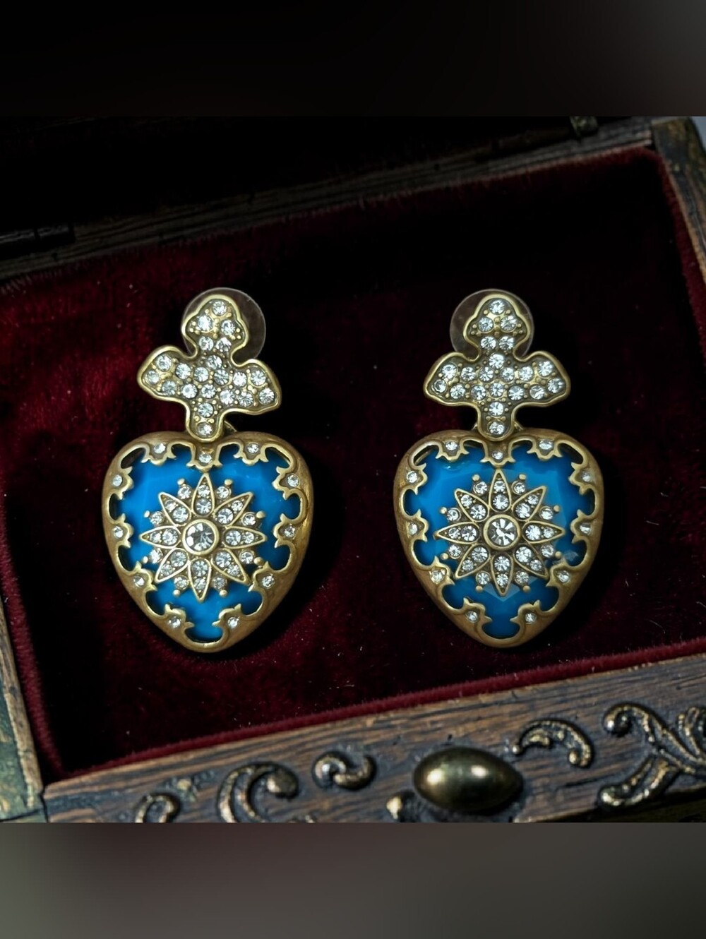 New! Boho Style Blue Heart Drop Earrings with Crystal Starburst Accent